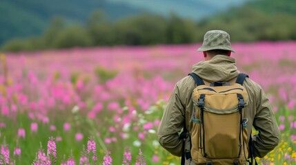Man enjoying a peaceful day in a lush field surrounded by beautiful flowers and natural scenery