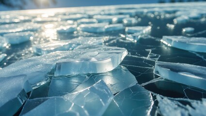 Textured background photo of a thick and frozen ice surface up close.