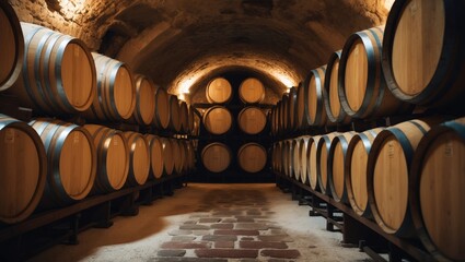 Lines of wine barrels within an aging cellar