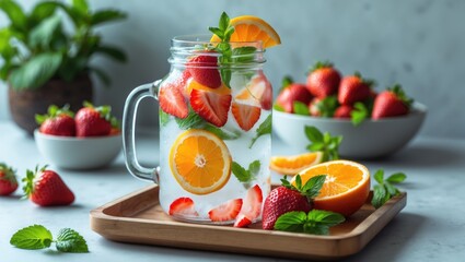 Detox water infused with orange, strawberry, and mint. Chilled summer drink in a glass jar