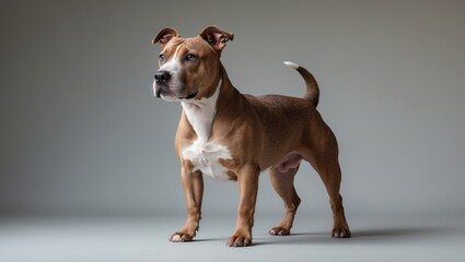 Bull terrier in an upright position looking to the right with the background
