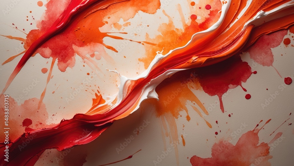 Poster Modern abstract art backdrop with vibrant red, orange, and white paint strokes creating textured patterns