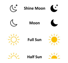 Shine moon, Moon, Full sun, Half sun icons.