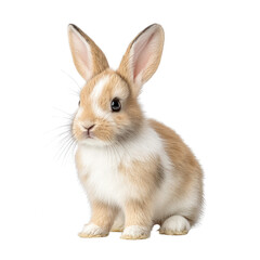 Obraz premium A tan and white baby rabbit sits upright on a plain white background here.