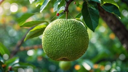 Fresh sugar apple hanging on tree in garden with tropical fruit against green natural backdrop
