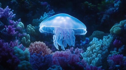 Obraz premium Bioluminescent jellyfish in coral reef