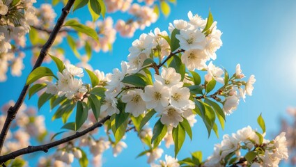 Close-up of bird cherry tree branches against a blue sky backdrop