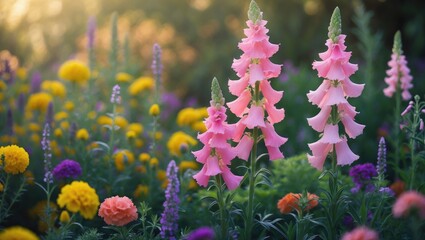 Springtime garden scene featuring pink and yellow snapdragons