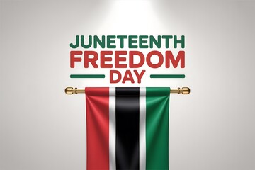 A juneteenth freedom day banner with red black and green flag hanging on a golden rod