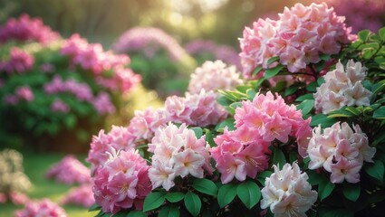 Lovely pink and white azaleas on a lush green bush