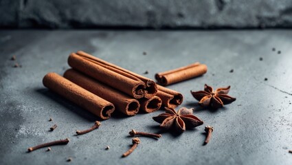 Cinnamon and cloves on a grey concrete backdrop.