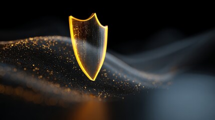 Golden shield made of dots on abstract digital wave background symbolizing cyber security.