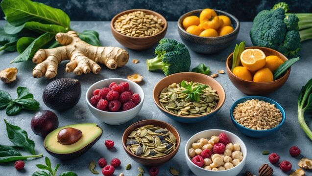 Wholesome food selection with fruits, vegetables, seeds, superfoods, cereals, and leafy greens on a clean backdrop