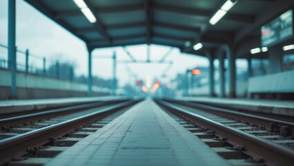 Obraz premium A platform at a train station that has a gray-tiled walkway with parallel yellow and orange stripes.