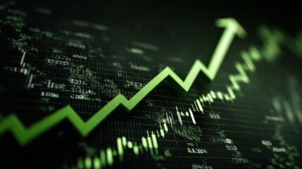 Green upward arrow on digital stock chart showing financial growth and success.