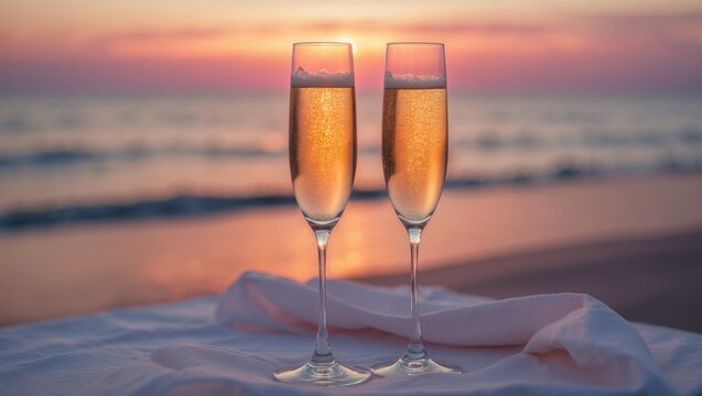 Celebration at sunset with wine glasses on a seaside table during summer