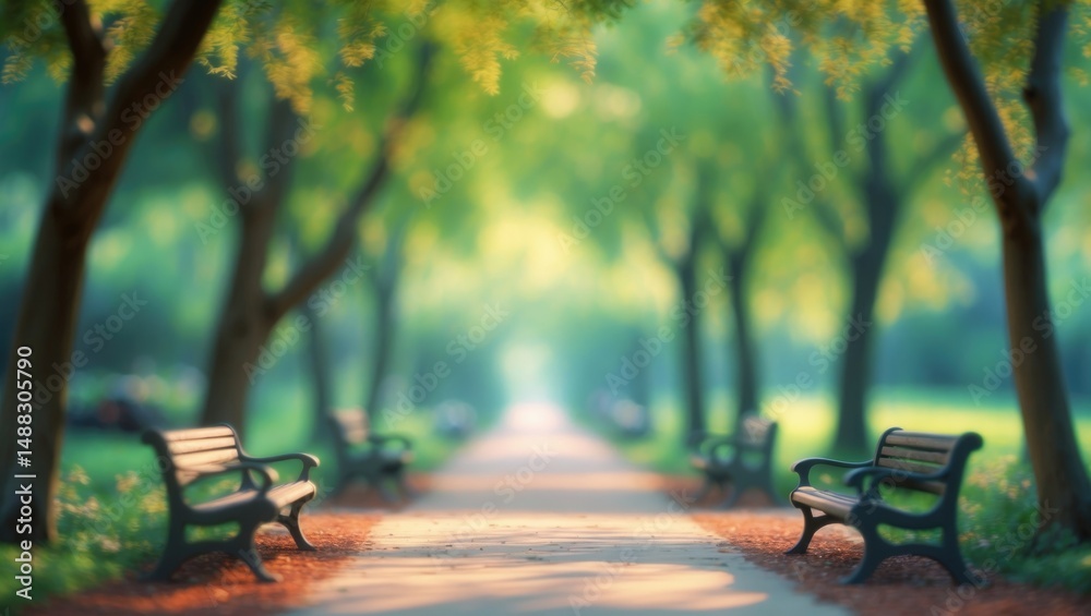 Poster Soft Focus Background of Tranquil Tree-Encircled Walkway Adorned with Abundant Foliage and Seating