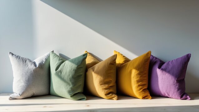 Brightly colored pillows stacked on a neutral backdrop