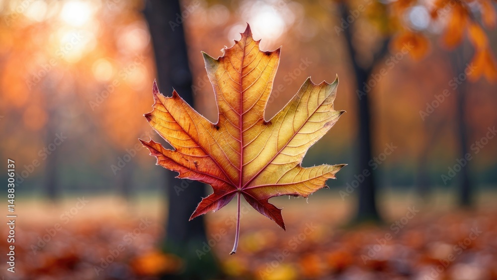 Poster macro photography of an acer leaf fragment in a park during autumn.