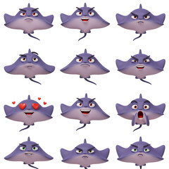 Cartoon ray fish emojis collection