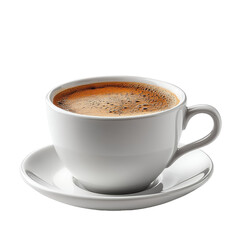Fototapeta premium Aromatic Hot Coffee in White Cup and Saucer Steam Rising Close Up View