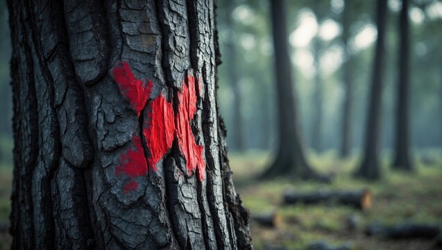 Tree slated for felling. Sanitary logging of trees. Cross-symbol marking. Close-up image