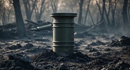 Empty mortar tube standing upright in ash covered ground
