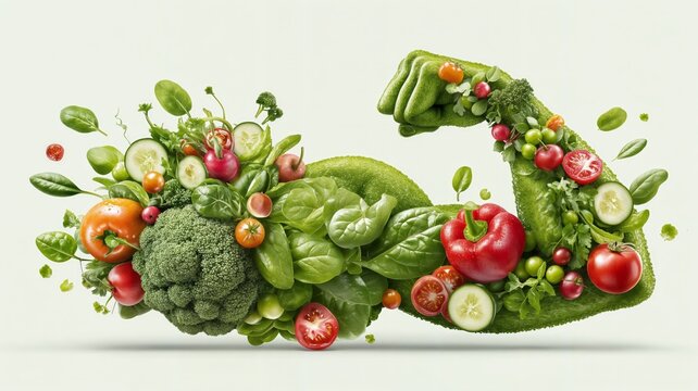 Un m&uacute;sculo hecho de verduras frescas, como tomates, pepinos, lechuga y br&oacute;coli.