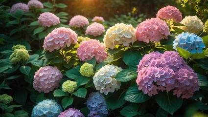 A flourishing hydrangea bush featuring vivid pink and purple blooms