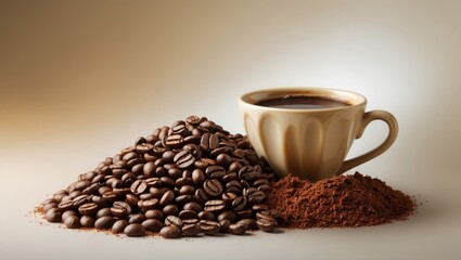 Fototapeta premium Cup of black coffee, ground coffee, and coffee beans against a background