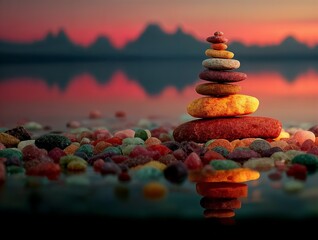 Pila de piedras equilibrada sobre un lecho de rocas, reflejada en agua oscura con un fondo rojo anaranjado.