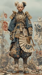 Obraz premium Una mujer con armadura de samurái, con un abanico, de pie frente a un barco de guerra con un fondo de pergamino.