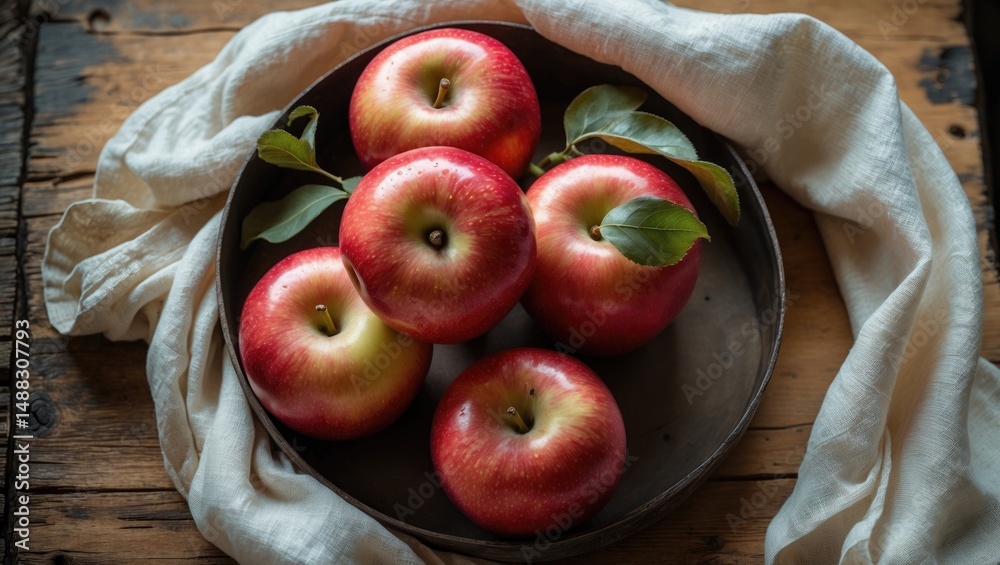 Poster close-up of red apples on a circular tray with a linen napkin on a wooden workstation, showcasing th