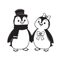 Cartoon cute funny penguin characters. Adorable birds couple, boy wear top hat and scarf and girl with bow on head. Isolated vector friendly personages bring laughter and joy with their playful antics