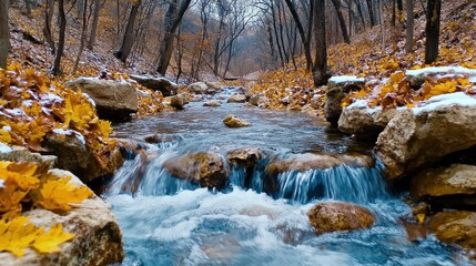 Autumnal Stream in Snowy Forest Icy Blue Water and Golden Leaves