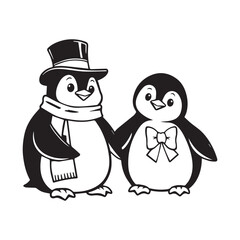 Cartoon cute funny penguin characters. Adorable birds couple, boy wear top hat and scarf and girl with bow on head. Isolated vector friendly personages bring laughter and joy with their playful antics