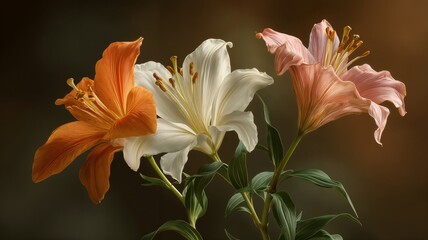 Fototapeta premium Tres lirios vibrantes (naranja, blanco y rosa) florecen contra un fondo oscuro, mostrando sus delicados pétalos y estambres.