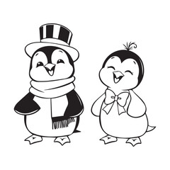 Cartoon cute funny penguin characters. Adorable birds couple, boy wear top hat and scarf and girl with bow on head. Isolated vector friendly personages bring laughter and joy with their playful antics