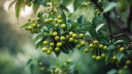 Green cherry berries maturing on tree branches.