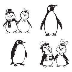 Cartoon cute funny penguin characters. Adorable birds couple, boy wear top hat and scarf and girl with bow on head. Isolated vector friendly personages bring laughter and joy with their playful antics