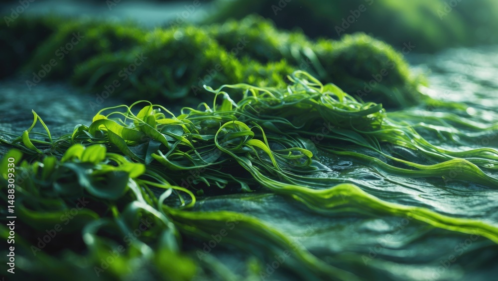 Poster Intimate perspective of green algae, hazy image of algae layer on stone, seamless green texture and scenery