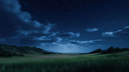 Naklejka premium A tranquil night landscape reveals a field of green grass under a celestial blanket of stars, partially obscured by soft, rolling clouds illuminated by moonlight.