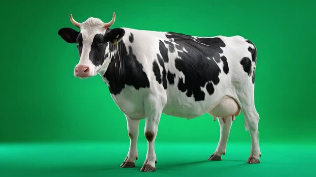 Dairy Cow on a Green Backdrop: A strikingly patterned dairy cow stands prominently against a vibrant green backdrop, showcasing its unique features and agricultural context.