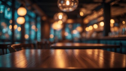 Nightclub backdrop. Vacant diagonal wooden table with blurred bar restaurant lighting, banner mockup template for showcasing product