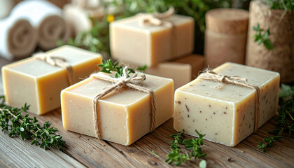 Handmade soap bars with natural packaging arranged on wooden surface with herbs, creating rustic and inviting atmosphere
