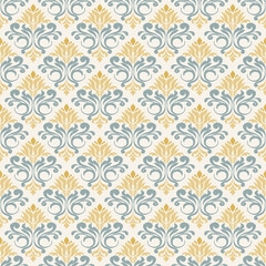 Obraz premium Soft Repeating damask Floral seamless Pattern Vector in Green and Yellow for Fabric, Wallpaper, Packaging, Ceremony, Backgrounds, and Decorative Craft Design Projects