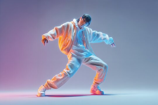 Un bailar&iacute;n en un mono blanco est&aacute; posando en un fondo de luz ne&oacute;n azul y rosa.