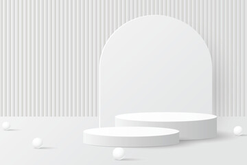 3D realistic white cylinder product pedestal podium background. Minimal vertical pattern wall scene mockup product stage showcase, Promotion display. Abstract vector geometric forms.