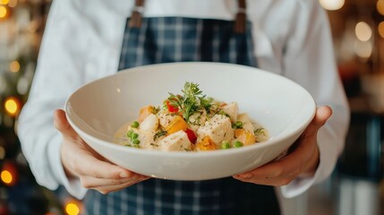 A chef presents a freshly prepared gourmet dish with vegetables and herbs in a white bowl, ready to serve.