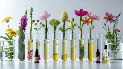 Plants and flowers contained in test tubes. Natural scent, aromatic and essential oil extracted from fresh flowers. Research in a scientific laboratory. Cosmetics from nature.